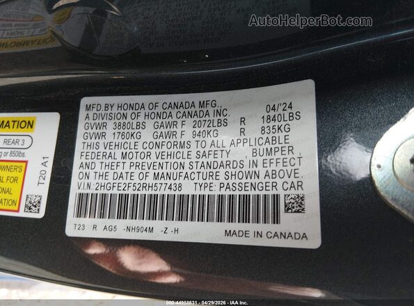 2HGFE2F52RH577438 2024 HONDA CIVIC Gray Շարժիչի բաժամունքի տեսք