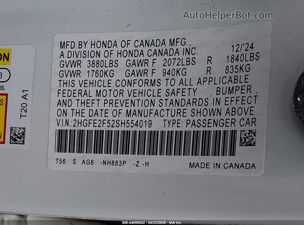 2HGFE2F52SH554019 2025 HONDA CIVIC White Вид підкапотного простору