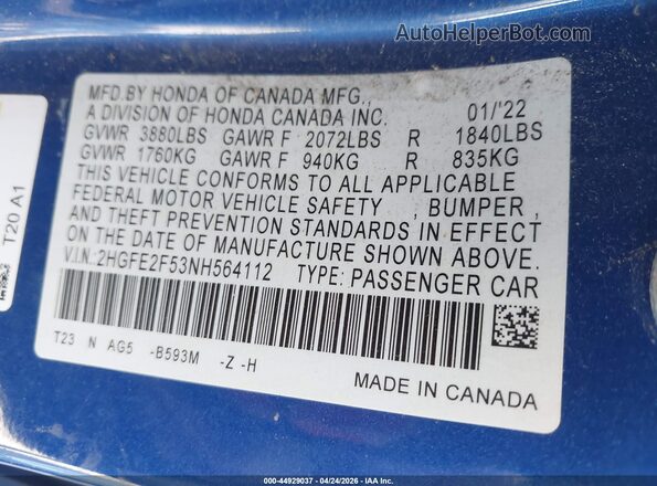 2HGFE2F53NH564112 2022 HONDA CIVIC Blue Engine compartment view