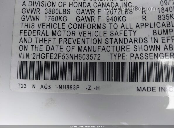 2HGFE2F53NH603572 2022 HONDA CIVIC White 