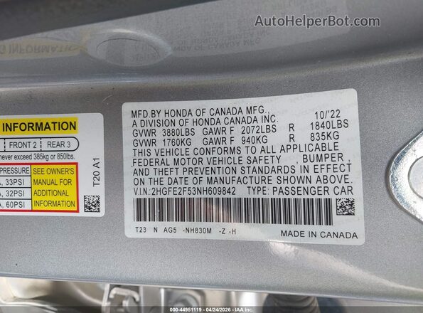 2HGFE2F53NH609842 2022 HONDA CIVIC Gray Widok komory silnika