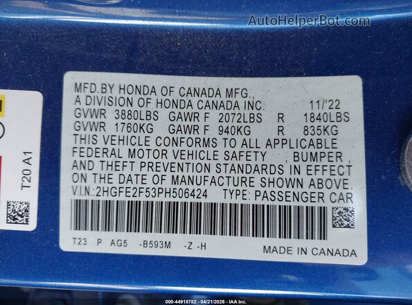2HGFE2F53PH506424 2023 HONDA CIVIC Blue Вид підкапотного простору