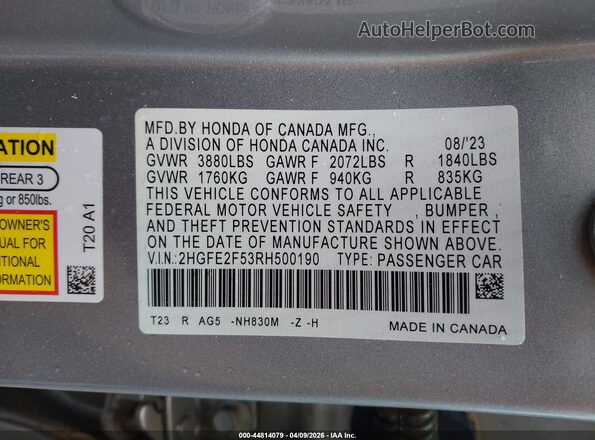 2HGFE2F53RH500190 2024 HONDA CIVIC Silver 
