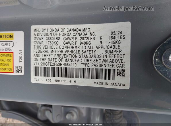 2HGFE2F53RH584110 2024 HONDA CIVIC Light Blue 