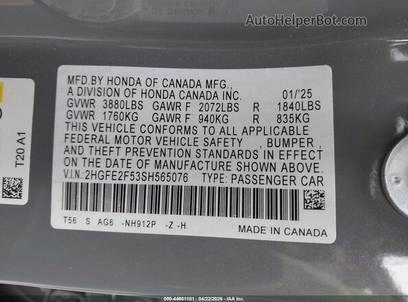 2HGFE2F53SH565076 2025 HONDA CIVIC Gray 