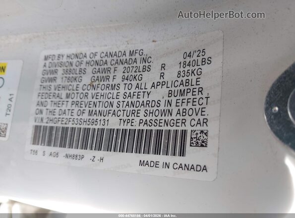 2HGFE2F53SH595131 2025 HONDA CIVIC White ძრავის განყოფილების ხედი