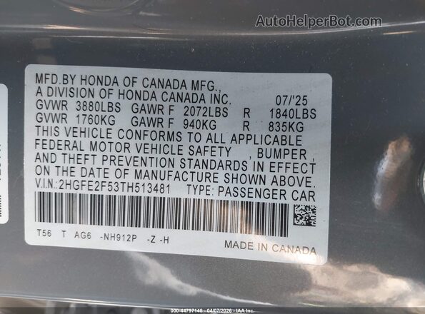 2HGFE2F53TH513481 2026 HONDA CIVIC Gray Engine compartment view