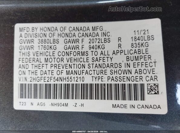 2HGFE2F54NH551210 2022 HONDA CIVIC Gray Vista del compartimento del motor