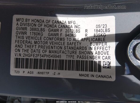 2HGFE2F54PH549945 2023 HONDA CIVIC Light Blue Vista del compartimento del motor