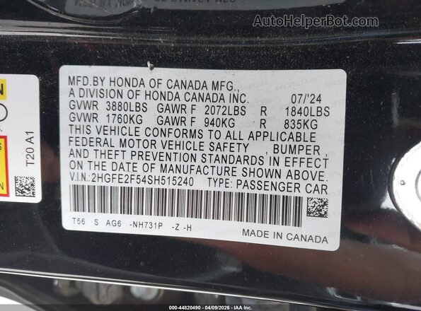 2HGFE2F54SH515240 2025 HONDA CIVIC Black Շարժիչի բաժամունքի տեսք