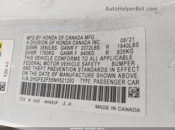 2HGFE2F55NH521293 2022 HONDA CIVIC White Widok komory silnika