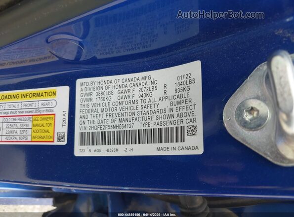 2HGFE2F55NH564127 2022 HONDA CIVIC Blue 