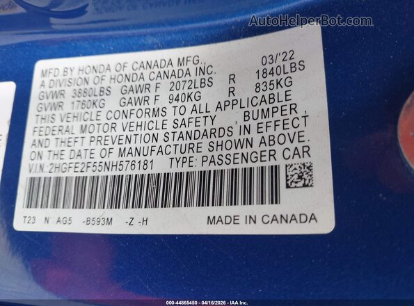 2HGFE2F55NH576181 2022 HONDA CIVIC Blue Widok komory silnika