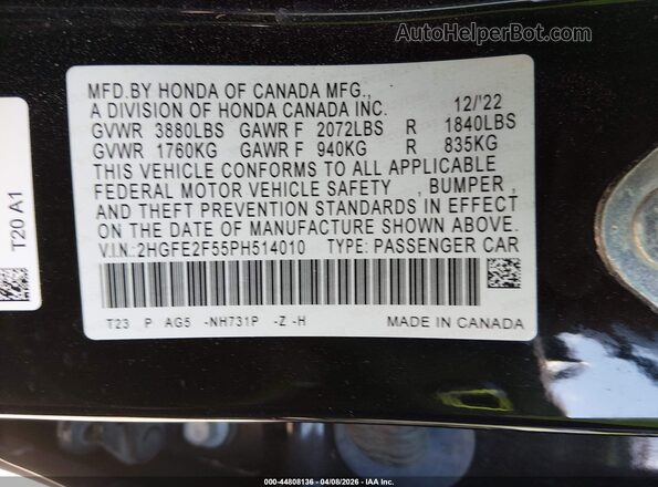 2HGFE2F55PH514010 2023 HONDA CIVIC Black 