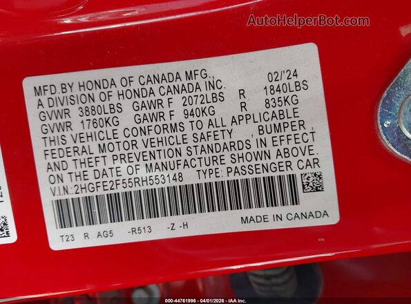 2HGFE2F55RH553148 2024 HONDA CIVIC Red ძრავის განყოფილების ხედი