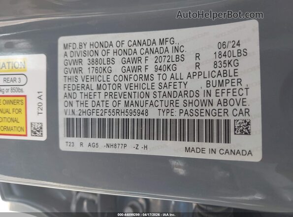 2HGFE2F55RH595948 2024 HONDA CIVIC Gray 
