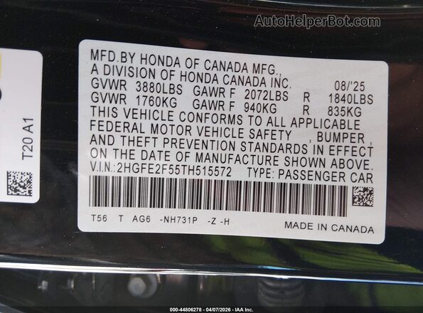 2HGFE2F55TH515572 2026 HONDA CIVIC Черный Вид подкапотного пространства