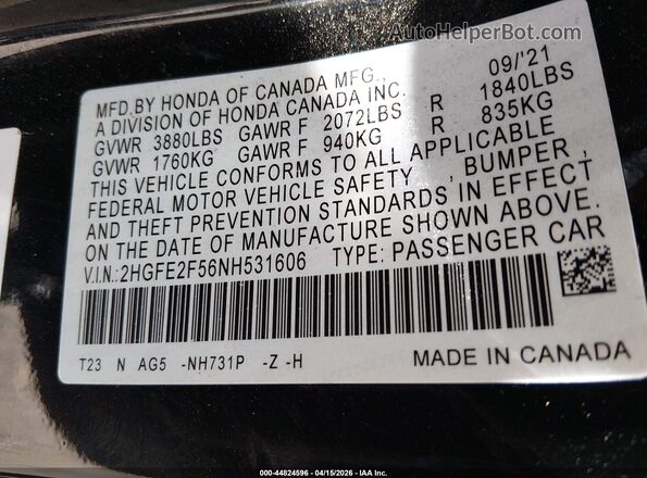 2HGFE2F56NH531606 2022 HONDA CIVIC Black Engine compartment view