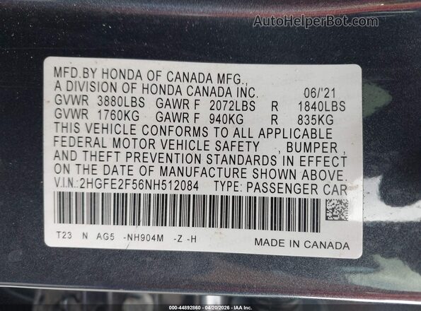 2HGFE2F56NH512084 2022 HONDA CIVIC Gray Вид підкапотного простору