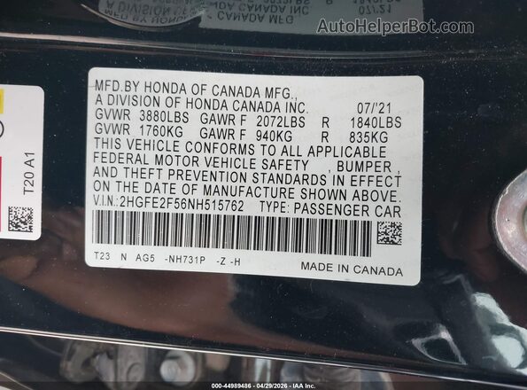 2HGFE2F56NH515762 2022 HONDA CIVIC Черный Вид подкапотного пространства