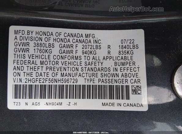 2HGFE2F56NH596729 2022 HONDA CIVIC Gray 
