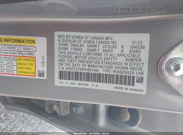 2HGFE2F56PH567444 2023 HONDA CIVIC Серебряный Вид подкапотного пространства