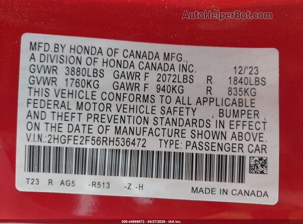 2HGFE2F56RH536472 2024 HONDA CIVIC Red 