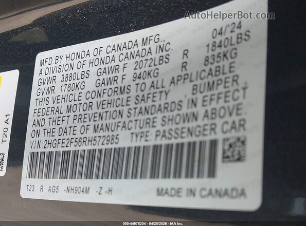 2HGFE2F56RH572985 2024 HONDA CIVIC Gray Engine compartment view
