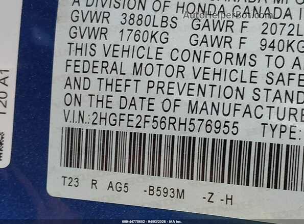 2HGFE2F56RH576955 2024 HONDA CIVIC Blue Engine compartment view