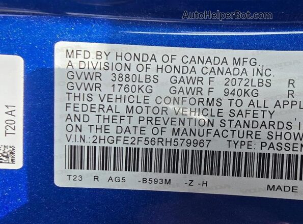 2HGFE2F56RH579967 2024 HONDA CIVIC Blue 