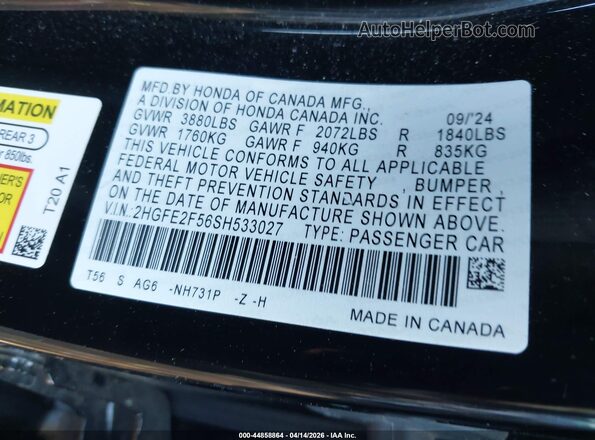2HGFE2F56SH533027 2025 HONDA CIVIC Black ძრავის განყოფილების ხედი