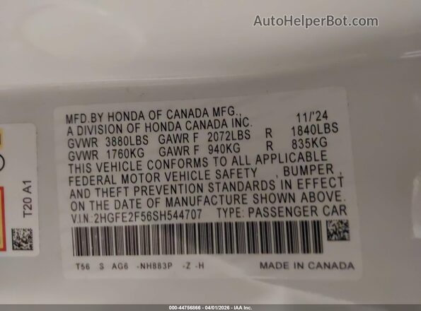 2HGFE2F56SH544707 2025 HONDA CIVIC Белый Вид подкапотного пространства