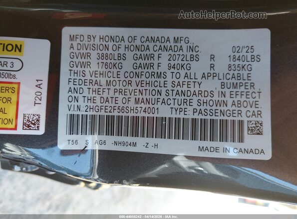 2HGFE2F56SH574001 2025 HONDA CIVIC Gray 