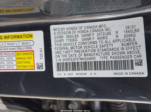 2HGFE2F57NH524695 2022 HONDA CIVIC Gray Vista del compartimento del motor