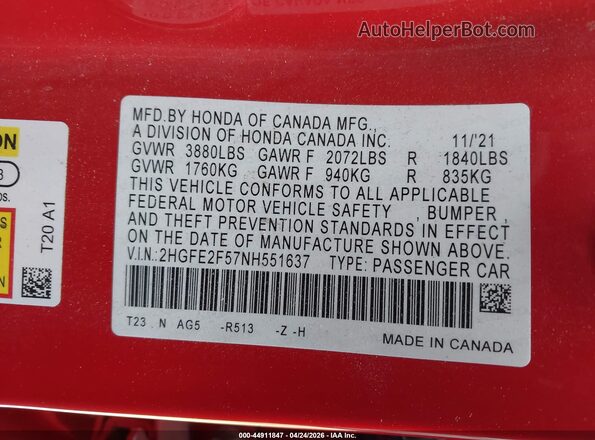2HGFE2F57NH551637 2022 HONDA CIVIC Red Engine compartment view