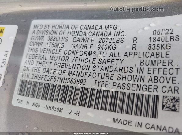 2HGFE2F57NH583892 2022 HONDA CIVIC Silver Widok komory silnika