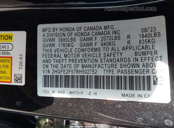 2HGFE2F57RH502752 2024 HONDA CIVIC Черный 