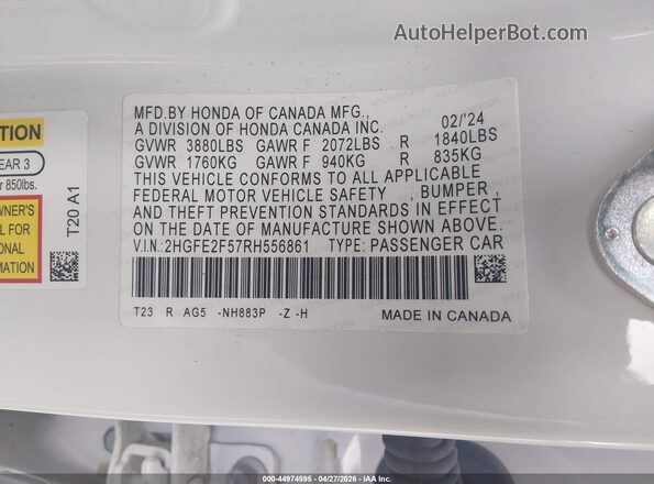 2HGFE2F57RH556861 2024 HONDA CIVIC Белый 