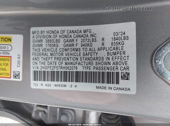 2HGFE2F57RH562076 2024 HONDA CIVIC Silver Շարժիչի բաժամունքի տեսք