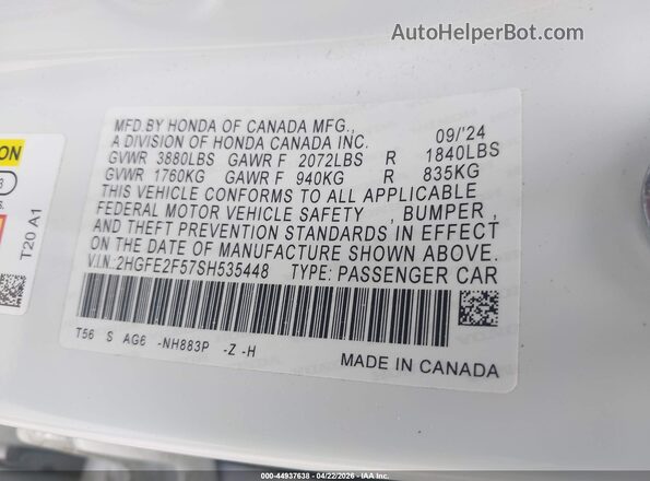 2HGFE2F57SH535448 2025 HONDA CIVIC White Շարժիչի բաժամունքի տեսք