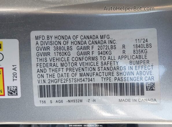2HGFE2F57SH547941 2025 HONDA CIVIC Silver Vista del compartimento del motor