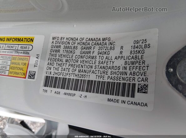 2HGFE2F57TH526511 2026 HONDA CIVIC White 