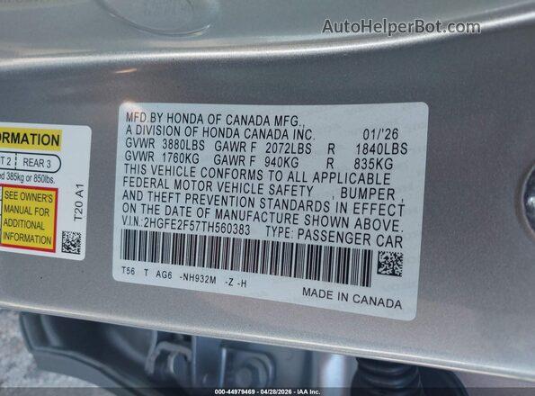 2HGFE2F57TH560383 2026 HONDA CIVIC Silver 