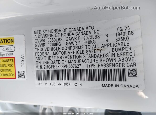 2HGFE2F58PH557627 2023 HONDA CIVIC White 