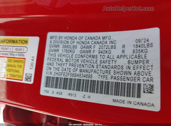 2HGFE2F58SH534695 2025 HONDA CIVIC Red Vista del compartimento del motor