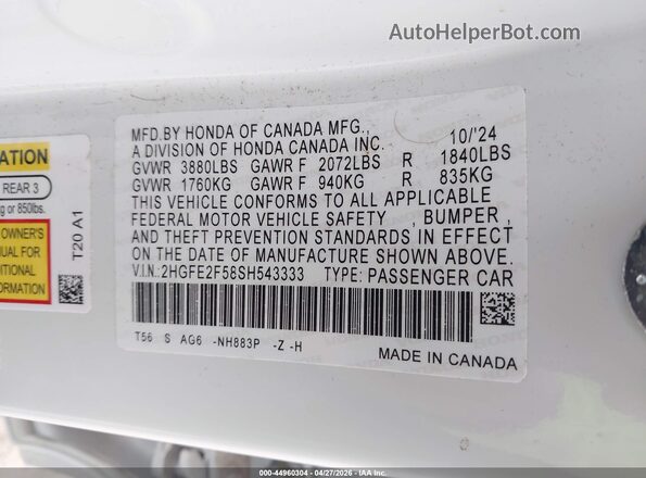 2HGFE2F58SH543333 2025 HONDA CIVIC White Շարժիչի բաժամունքի տեսք