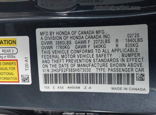 2HGFE2F58SH573030 2025 HONDA CIVIC Gray 