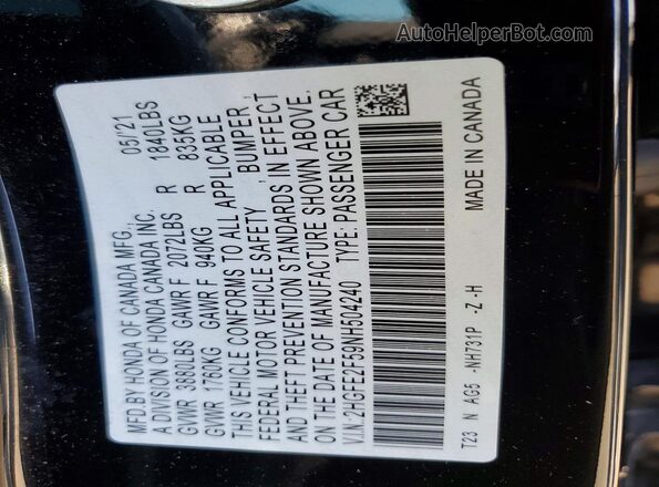 2HGFE2F59NH504240 2022 HONDA CIVIC Black Vista del compartimento del motor