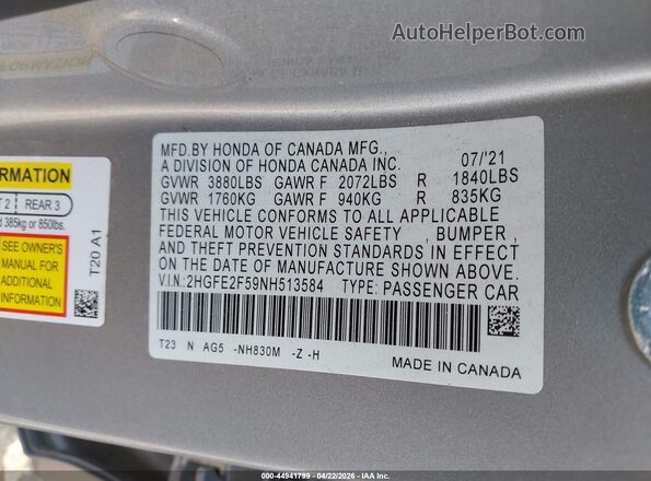 2HGFE2F59NH513584 2022 HONDA CIVIC Серебряный Вид подкапотного пространства