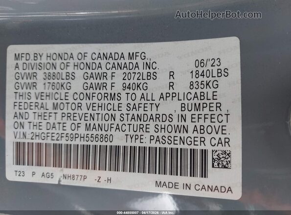 2HGFE2F59PH556860 2023 HONDA CIVIC Gray Vista del compartimento del motor